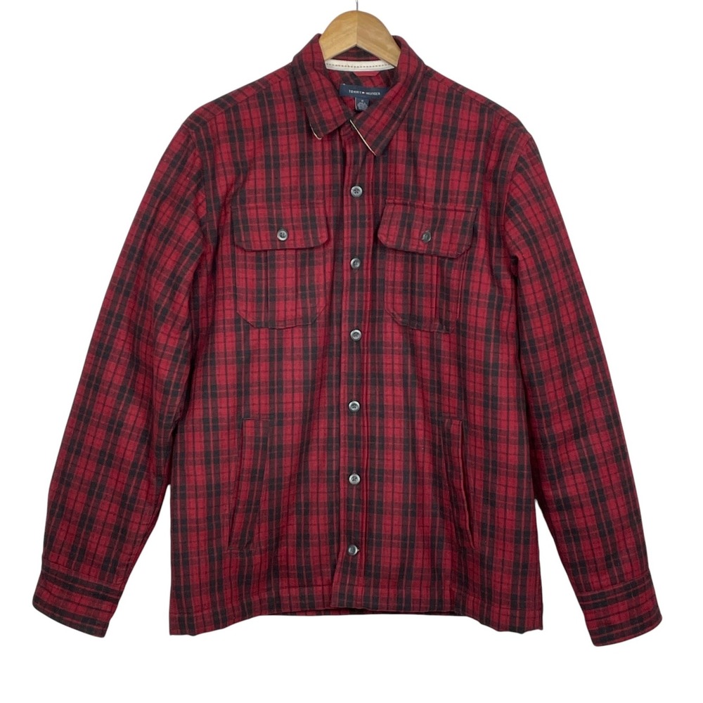 Tommy Hilfiger Men Red Black Plaid Wool Blend Quilted Jacket Size M Work Utility